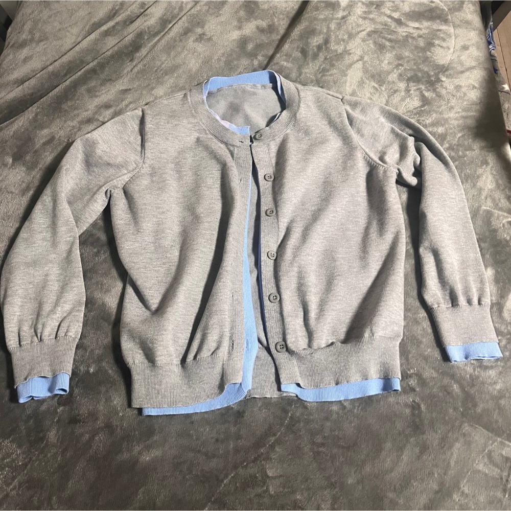 Womens Layered Look Cardigan Sweater Grey Blue Trim Button Front Size L